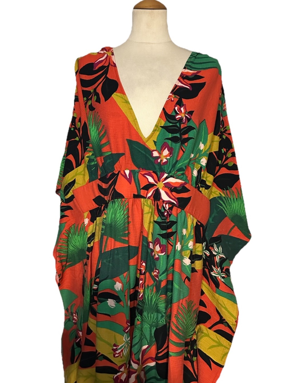 INC International Concepts Tropical Print Caftan Maxi Dress Orange Green Size 1X - Picture 3 of 7